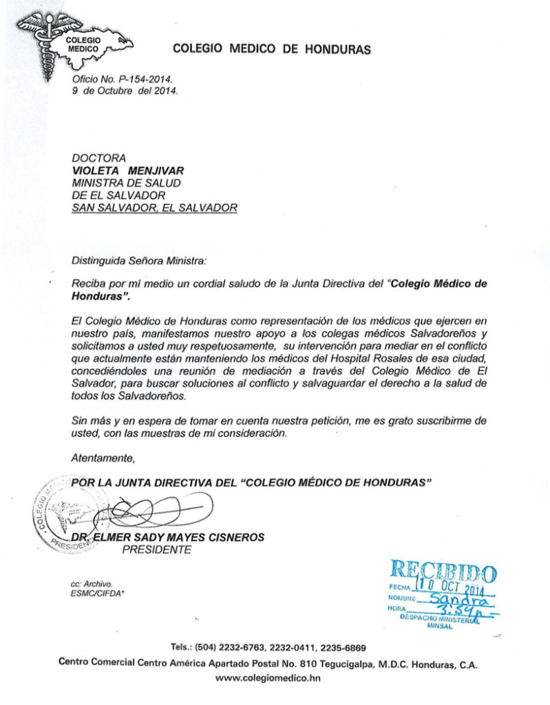Carta del Colegio Médico de Honduras